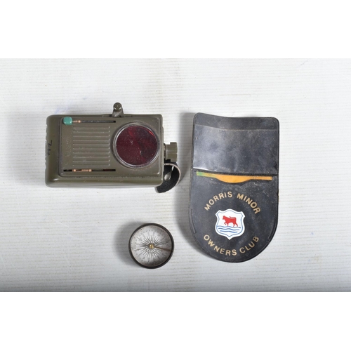 412 - A BOX OF MILITARIA TO INCLUDE a gas mask in its original cardboard box, small compass, a hand held s... 