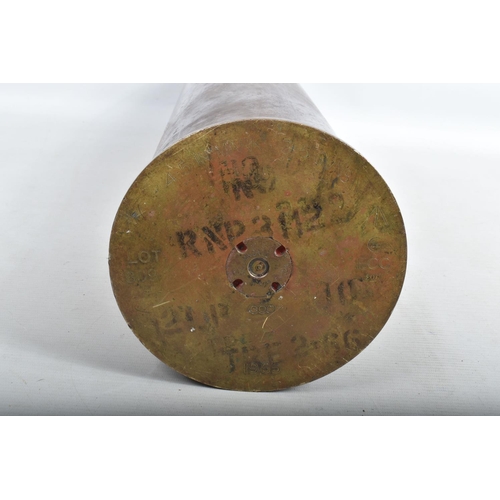 416 - A LARGE BRASS ARTILERY SHELL DATED 1965, the bottom of it has the war department broad arrow and 4.5... 