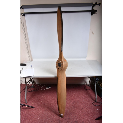 417 - A LARGE WOODEN AERO PROPELLOR WITH METAL TRIM FOR THE DE-HAVILAND GIPSY MAJOR, this one has been san... 