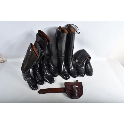 440 - AN ARMY OFFICERS SADDLE SWORD FROG/HORSESHOE POUCH,  and four pairs of black riding style boots, the... 