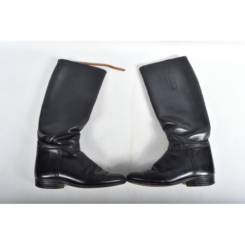 440 - AN ARMY OFFICERS SADDLE SWORD FROG/HORSESHOE POUCH,  and four pairs of black riding style boots, the... 