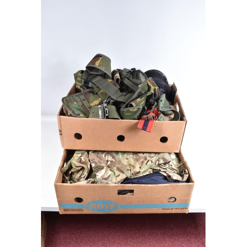 442 - THREE BOXES OF MILITARY SURPLUS EQUIPMENT,  GAS MASK, MILITARY HATS ETC, the item include a map case... 