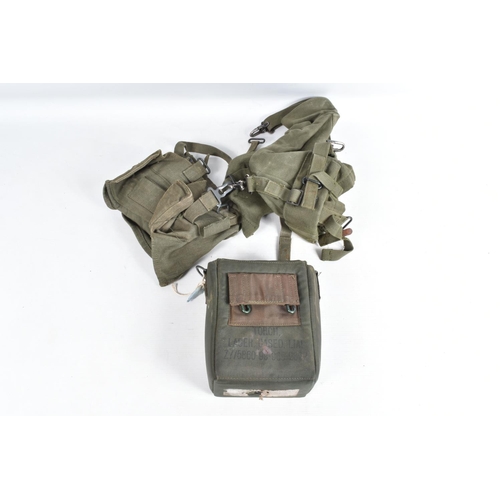 442 - THREE BOXES OF MILITARY SURPLUS EQUIPMENT,  GAS MASK, MILITARY HATS ETC, the item include a map case... 