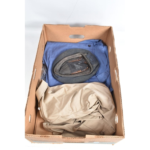 442 - THREE BOXES OF MILITARY SURPLUS EQUIPMENT,  GAS MASK, MILITARY HATS ETC, the item include a map case... 