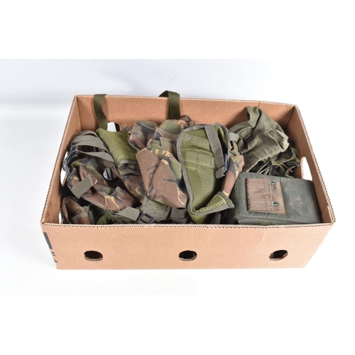 442 - THREE BOXES OF MILITARY SURPLUS EQUIPMENT,  GAS MASK, MILITARY HATS ETC, the item include a map case... 