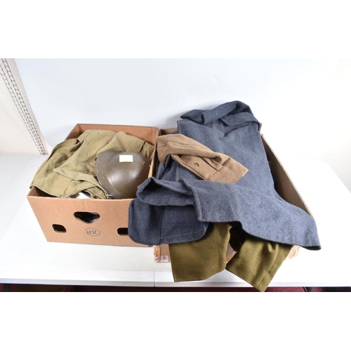 443 - A WWII 1940 DATED BRITISH STEEL HELMET AND A COLLECTION OF LATER UNIFORMS AND HATS, the helmet was p... 