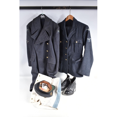 444 - A 1950'S RAF DRESS UNIFORM WITH GREAT COAT, HAT BOOTS, and a kit bag, all of the uniform relates to ... 