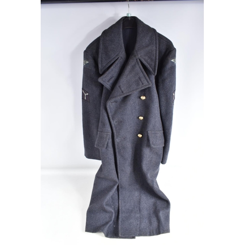 444 - A 1950'S RAF DRESS UNIFORM WITH GREAT COAT, HAT BOOTS, and a kit bag, all of the uniform relates to ... 