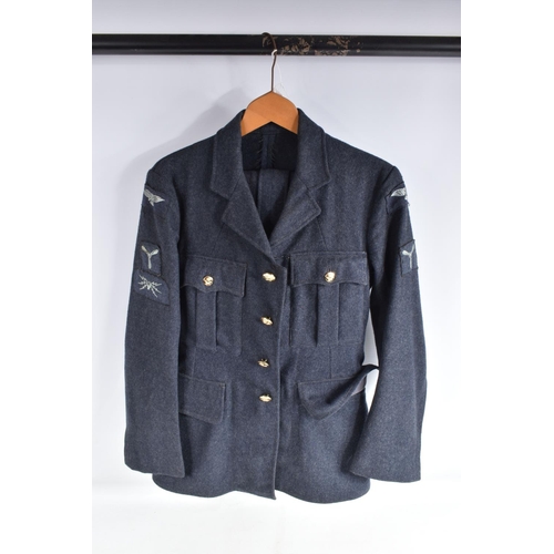 444 - A 1950'S RAF DRESS UNIFORM WITH GREAT COAT, HAT BOOTS, and a kit bag, all of the uniform relates to ... 