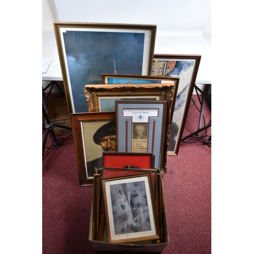 445 - MILITARY AND AIRFORCE INTEREST, a group of framed prints, plaques, pennants, plate, etc. (17) to inc... 