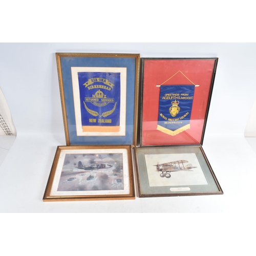 445 - MILITARY AND AIRFORCE INTEREST, a group of framed prints, plaques, pennants, plate, etc. (17) to inc... 