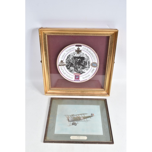 445 - MILITARY AND AIRFORCE INTEREST, a group of framed prints, plaques, pennants, plate, etc. (17) to inc... 