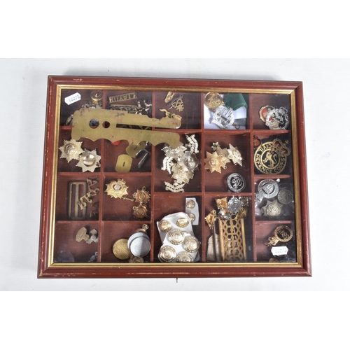 446 - A TRAY OF MILITARY CAP BADGES, five steel helmets and four military bags/ pouches, the display case ... 