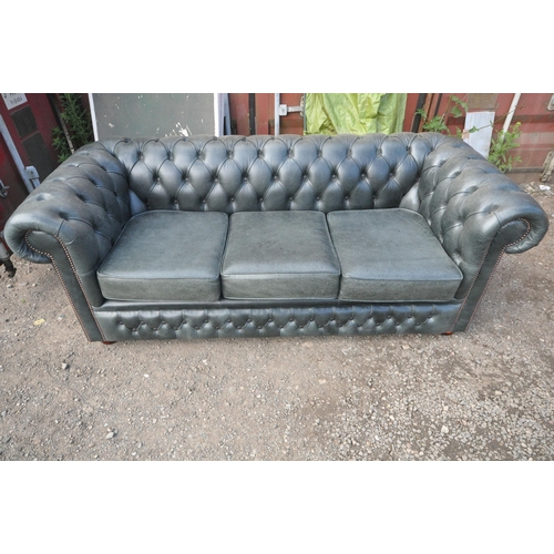 1299 - AN DARK AQUAMARINE LEATHER THREE SEATER CHESTERFIELD SOFA, length 196cm x depth 87cm x height 70cm (... 