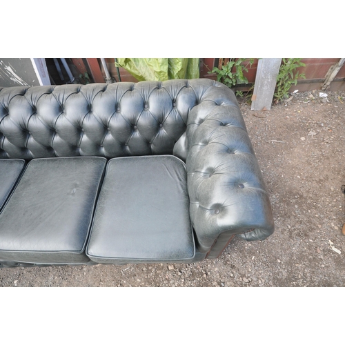 1299 - AN DARK AQUAMARINE LEATHER THREE SEATER CHESTERFIELD SOFA, length 196cm x depth 87cm x height 70cm (... 