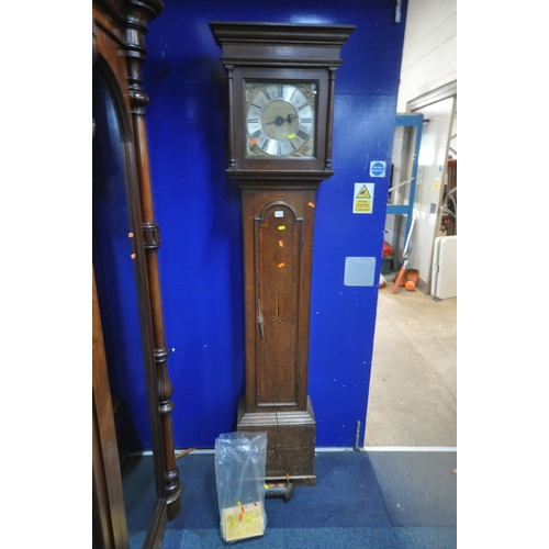 1314 - A GEORGIAN OAK 30 HOUR LONGCASE CLOCK, the box hood with a square glass door that's enclosing a 10''... 