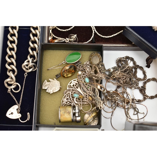 102 - ASSORTED WHITE METAL JEWELLERY AND OTHER ITEMS, to include a boxed silver hinged bangle, with foliat... 