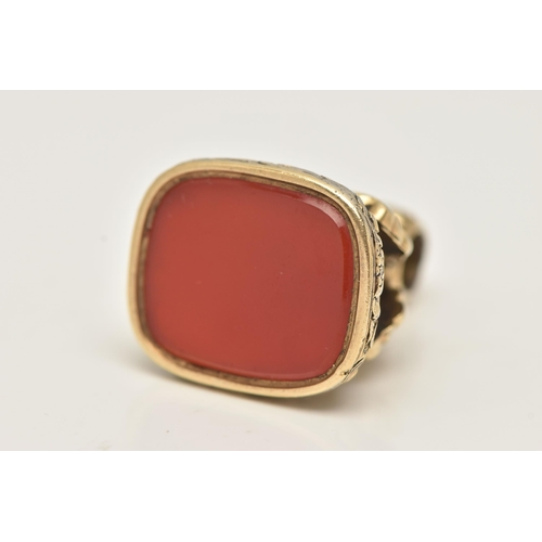 18 - A GOLD PLATED FOB SEAL, set to the base with a polished rounded rectangular cut carnelian inlay, to ... 