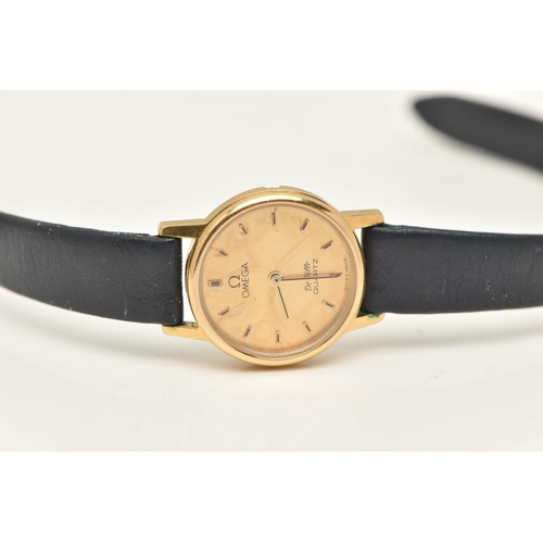 50 - A LADIES 'OMEGA' WRISTWATCH, quartz movement, round gold dial signed 'Omega De Ville, Quartz', baton... 