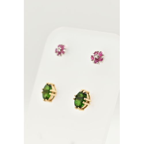 51 - TWO PAIRS OF STUD EARRINGS, the first a pair of yellow metal oval cut green tsavorite garnet stud ea... 