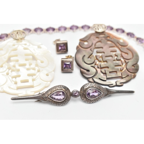 64 - FIVE ITEMS OF MAINLY GEM JEWELLERY, to include an amethyst brooch and bracelet, a pair of paste stud... 