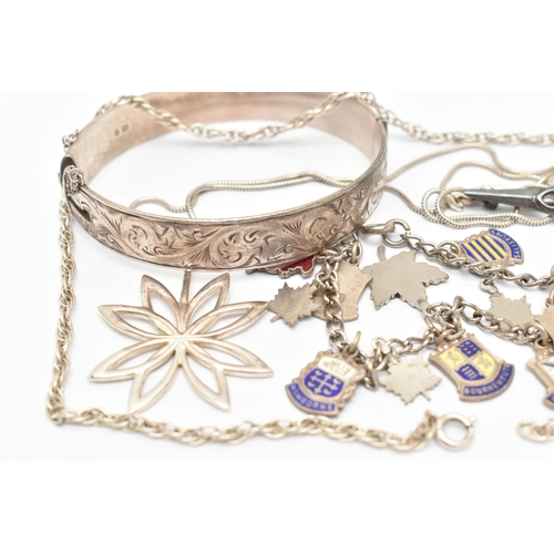 65 - A SELECTION OF SILVER AND WHITE METAL JEWELLERY, to include a silver hinged bangle, a charm bracelet... 