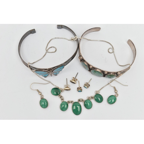 66 - A SELECTION OF MAINLY GEM SET SILVER AND WHITE METAL JEWELLERY, to include two cuff bangles, a malac... 