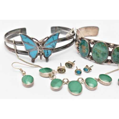 66 - A SELECTION OF MAINLY GEM SET SILVER AND WHITE METAL JEWELLERY, to include two cuff bangles, a malac... 