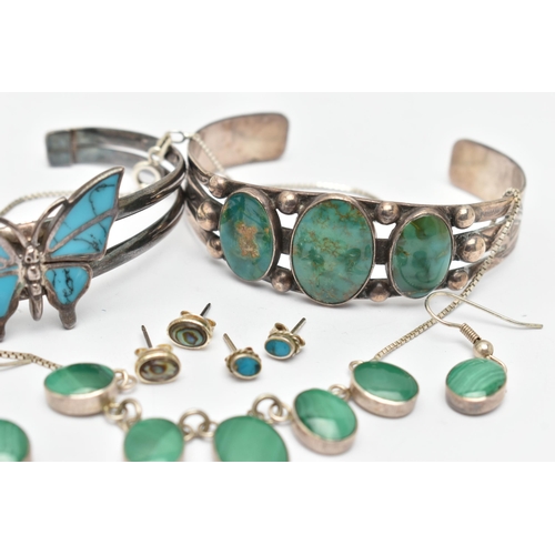 66 - A SELECTION OF MAINLY GEM SET SILVER AND WHITE METAL JEWELLERY, to include two cuff bangles, a malac... 