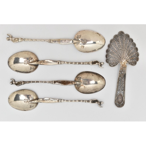 73 - FIVE SPOONS, to include a filigree caddy spoon and four matching small spoons with figures on each t... 