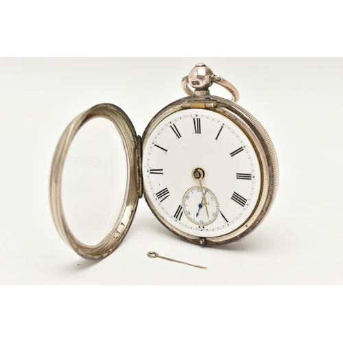 76 - A LATE VICTORIAN SILVER OPEN FACE POCKET WATCH, key wound, round white dial, Roman numerals, subsidi... 