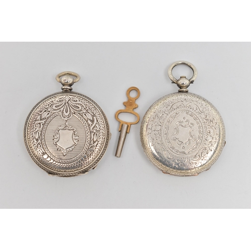 79 - TWO WHITE METAL OPEN FACE POCKET WATCHES, both key wound with Roman numeral dials, decorative cases ... 