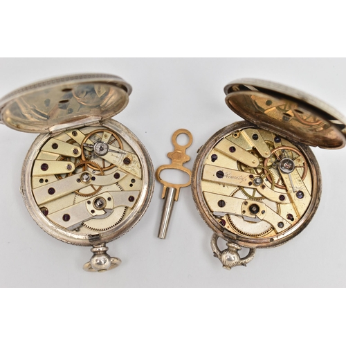 79 - TWO WHITE METAL OPEN FACE POCKET WATCHES, both key wound with Roman numeral dials, decorative cases ... 