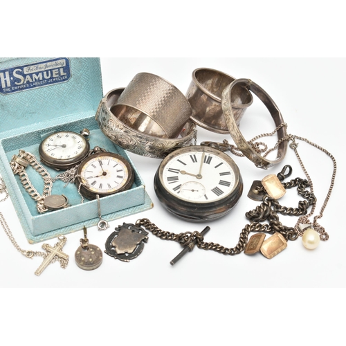 80 - ASSORTED SILVER AND WHITE METAL ITEMS, to include a key wound, open face pocket watch, round white R... 