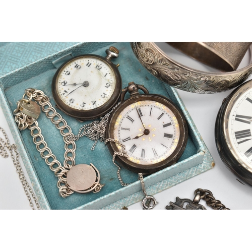 80 - ASSORTED SILVER AND WHITE METAL ITEMS, to include a key wound, open face pocket watch, round white R... 