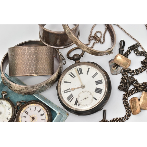 80 - ASSORTED SILVER AND WHITE METAL ITEMS, to include a key wound, open face pocket watch, round white R... 