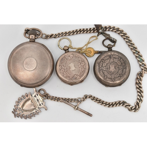 83 - THREE POCKET WATCHES AND A SILVER ALBERT CHAIN, the first a manual wind, open face 'Smith' pocket wa... 