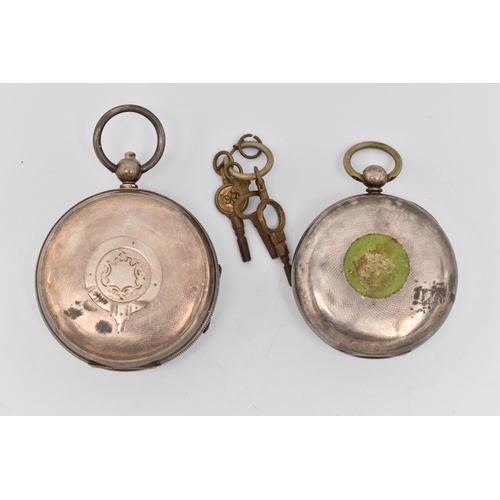 84 - TWO SILVER OPEN FACE POCKET WATCHES, both key wound, the first with a round white dial signed 'The E... 