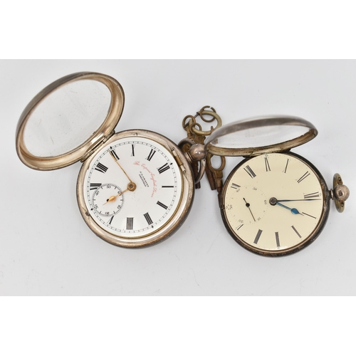 84 - TWO SILVER OPEN FACE POCKET WATCHES, both key wound, the first with a round white dial signed 'The E... 