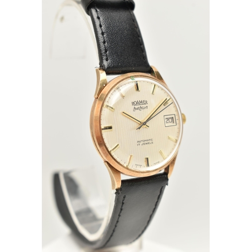 89 - A GENTS 9CT GOLD 'ROAMER LIMELIGHT' WRISTWATCH, automatic movement, round silvered dial signed 'Roam... 