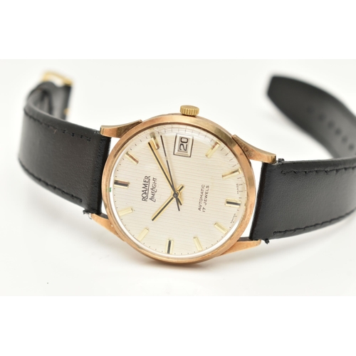 89 - A GENTS 9CT GOLD 'ROAMER LIMELIGHT' WRISTWATCH, automatic movement, round silvered dial signed 'Roam... 