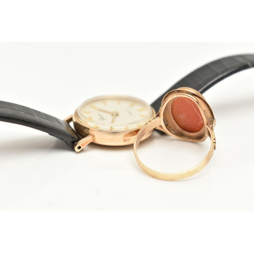 90 - A LADIES 9CT GOLD WRISTWATCH AND A YELLOW METAL CAMEO RING, quartz movement, round silver dial signe... 