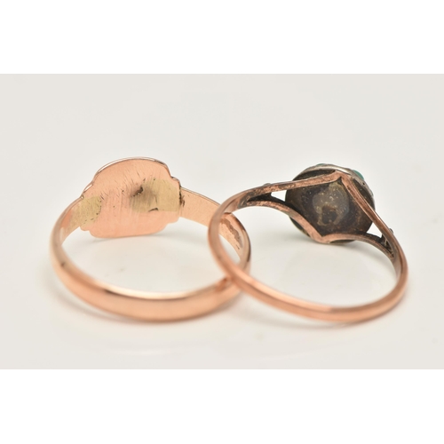 94 - TWO RINGS, the first a rose metal polished signet ring, unmarked, ring size Q, the second a rose met... 