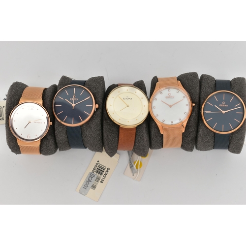 97 - FIVE LADIES WRISTWATCHES, to include two 'Skagen' wristwatches, model numbers SKW2138 and SKW2518, t... 