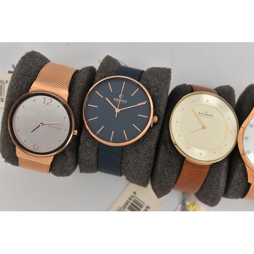 97 - FIVE LADIES WRISTWATCHES, to include two 'Skagen' wristwatches, model numbers SKW2138 and SKW2518, t... 