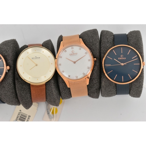 97 - FIVE LADIES WRISTWATCHES, to include two 'Skagen' wristwatches, model numbers SKW2138 and SKW2518, t... 