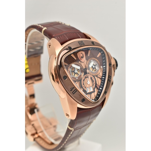 104 - TONINO LAMBORGHINI SPYDER 1120 STAINLESS STEEL CHRONOGRAPH WATCH, the triangular bronze face with mu... 