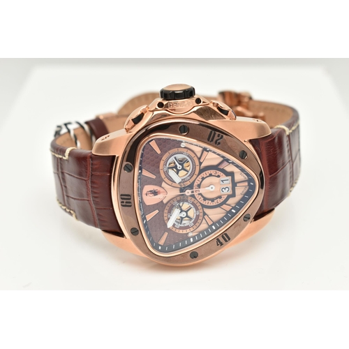 104 - TONINO LAMBORGHINI SPYDER 1120 STAINLESS STEEL CHRONOGRAPH WATCH, the triangular bronze face with mu... 