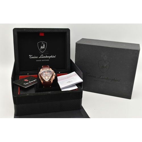 104 - TONINO LAMBORGHINI SPYDER 1120 STAINLESS STEEL CHRONOGRAPH WATCH, the triangular bronze face with mu... 