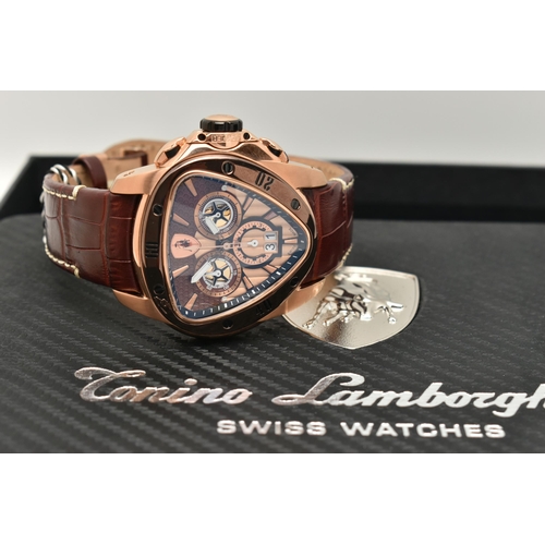 104 - TONINO LAMBORGHINI SPYDER 1120 STAINLESS STEEL CHRONOGRAPH WATCH, the triangular bronze face with mu... 